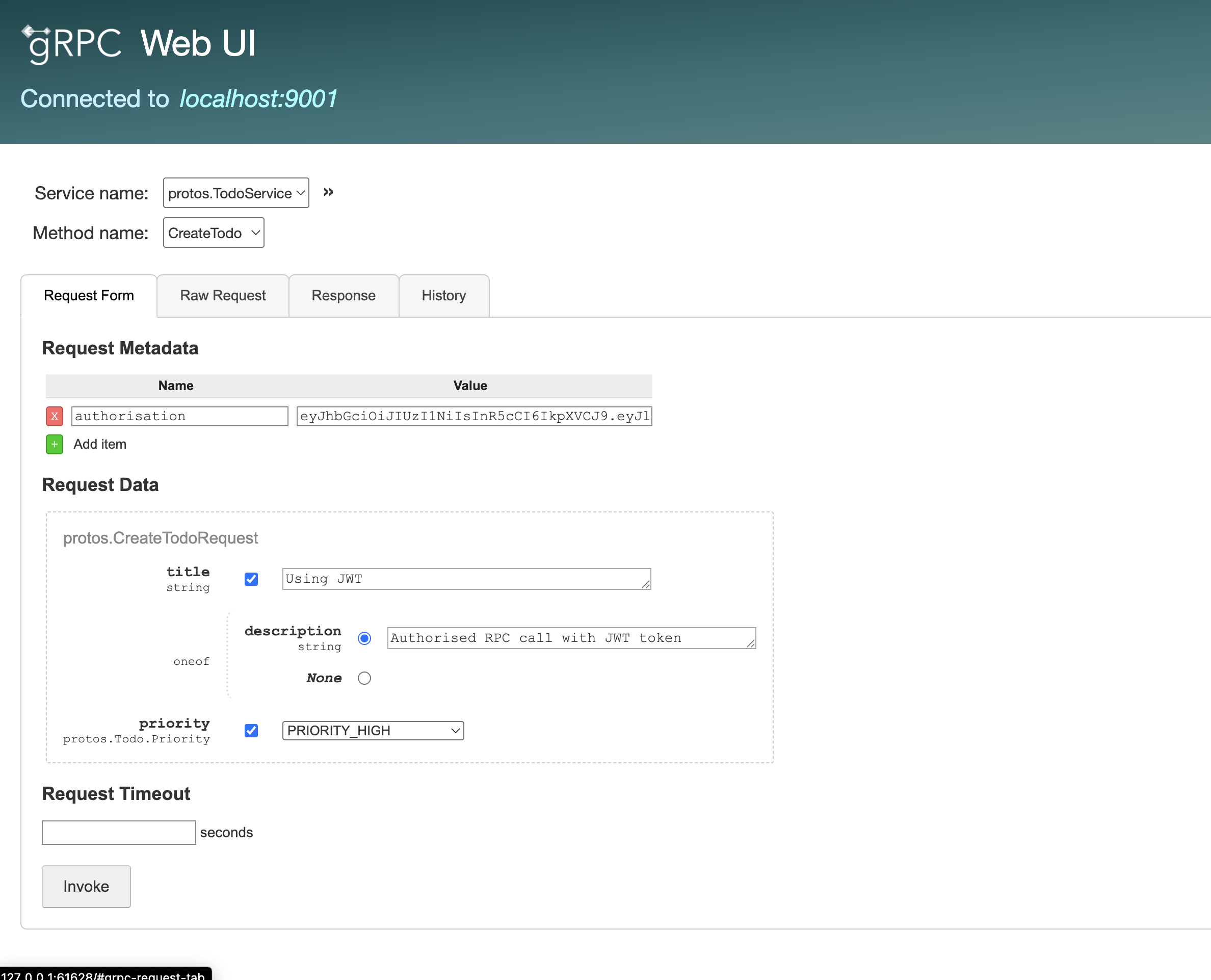 The JWT token added in the Request Metadata in grpcui